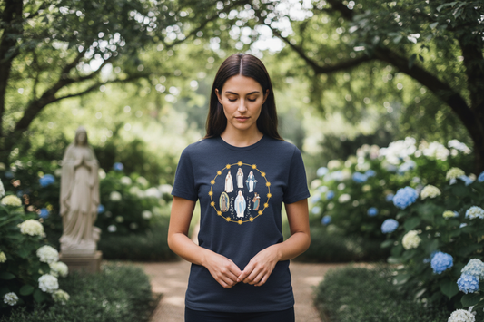 Lifestyle photo of Marian apparitions t-shirt