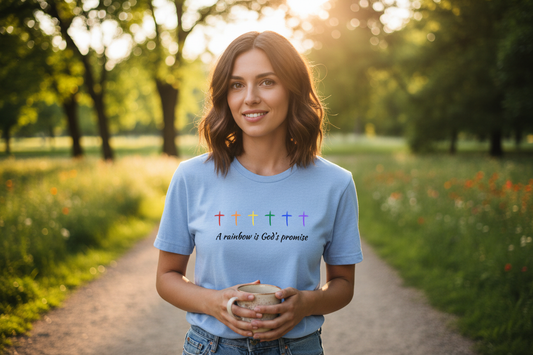 Lifestyle photo of rainbow crosses t-shirt