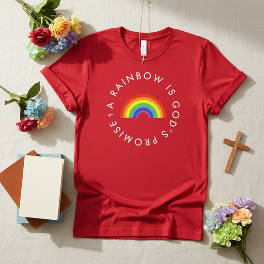 A Rainbow is God's Promise Women's T-Shirt Styled Flat Lay - Red (No Text on Books)