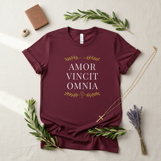Amor Vincit Omnia Women's T-Shirt Styled Flat Lay