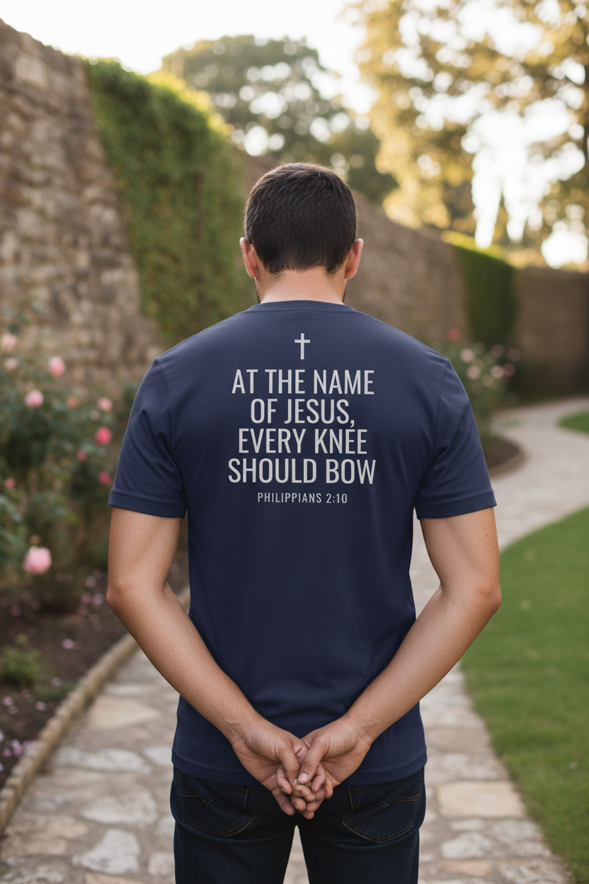 At the Name of Jesus back view showing Philippians 2:10 scripture