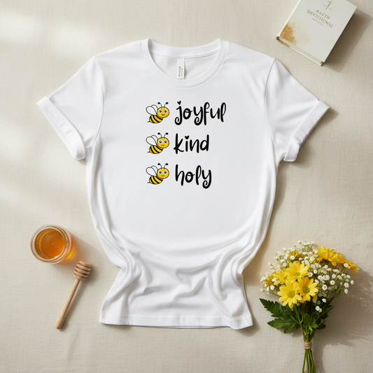 Bee Joyful Bee Kind Bee Holy Women's T-Shirt Styled Flat Lay - White