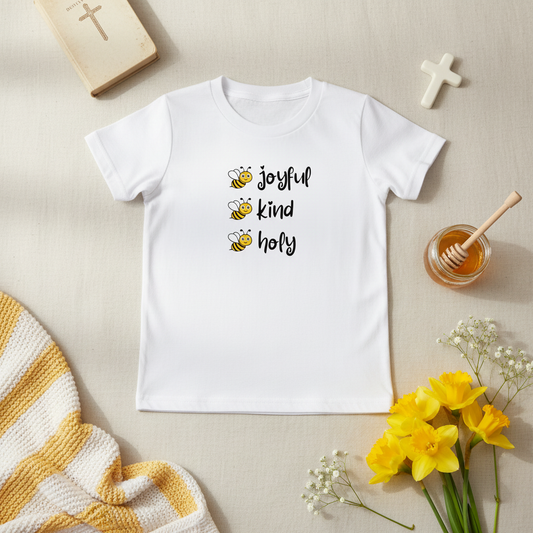 Bee Joyful Bee Kind Bee Holy Youth T-Shirt Styled Flat Lay
