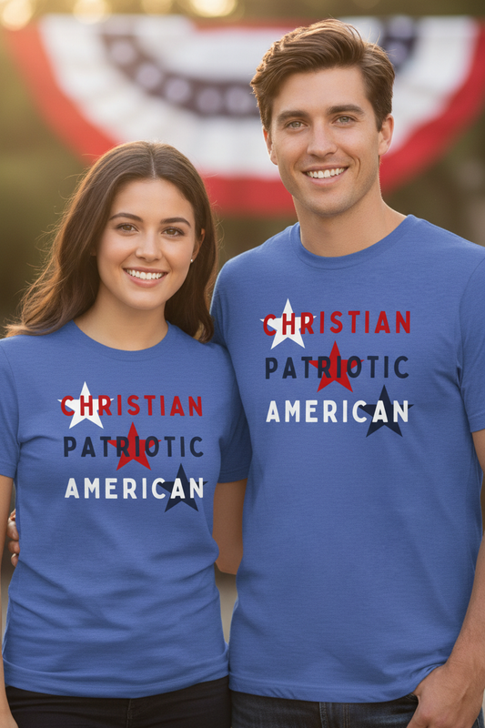 Christian Patriotic American couple wearing matching shirts
