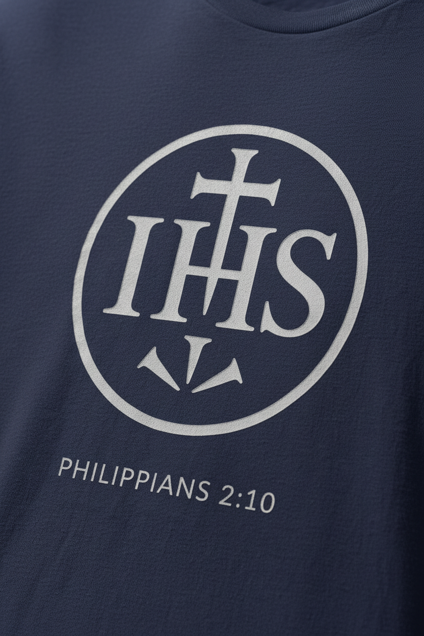 Closeup detail of Holy Name of Jesus navy t-shirt