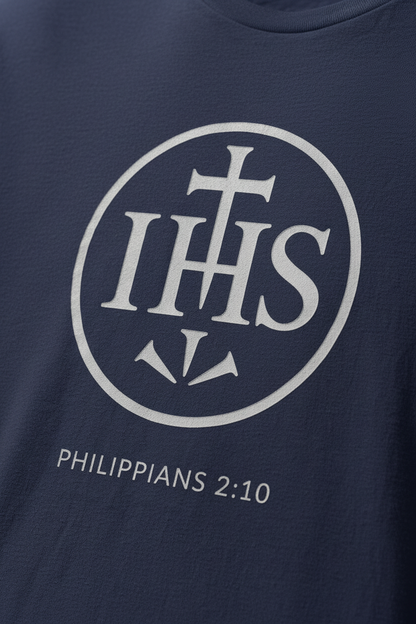 Closeup detail of Holy Name of Jesus navy t-shirt