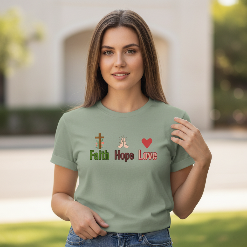 Faith Hope Love Christian Women's T-Shirt Hero Image