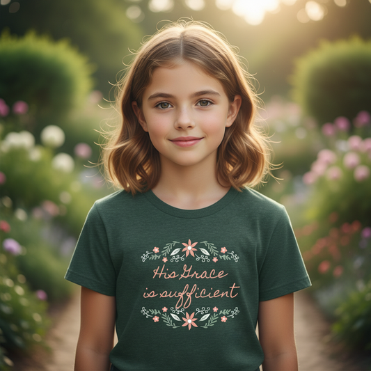His Grace is Sufficient Christian Youth T-Shirt Hero Image