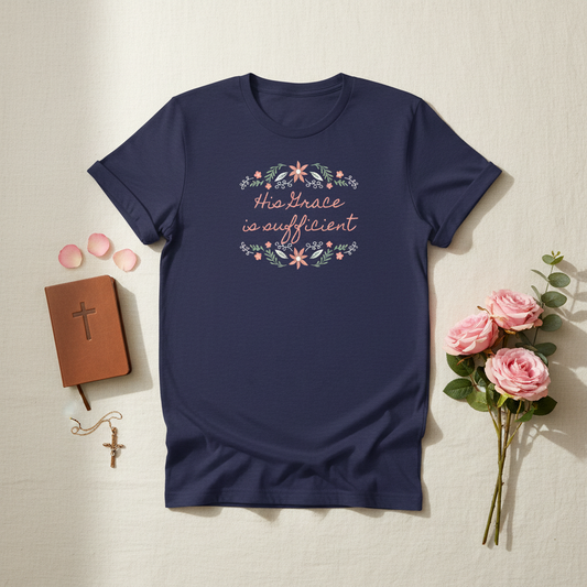 His Grace is Sufficient Women's T-Shirt Styled Flat Lay - Navy