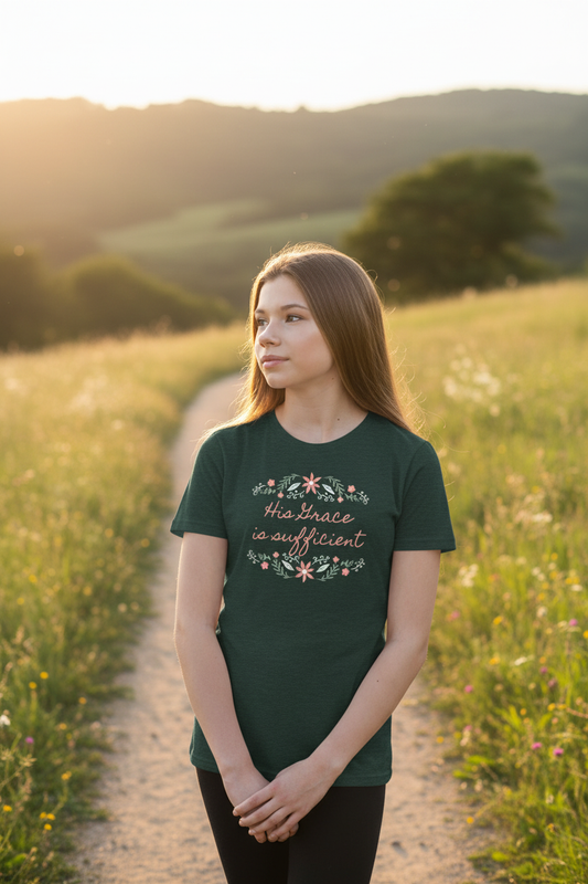 His Grace is Sufficient Youth T-Shirt - Updated with Green Design