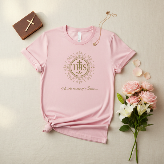 IHS At the Name of Jesus Women's T-Shirt Front Styled Flat Lay