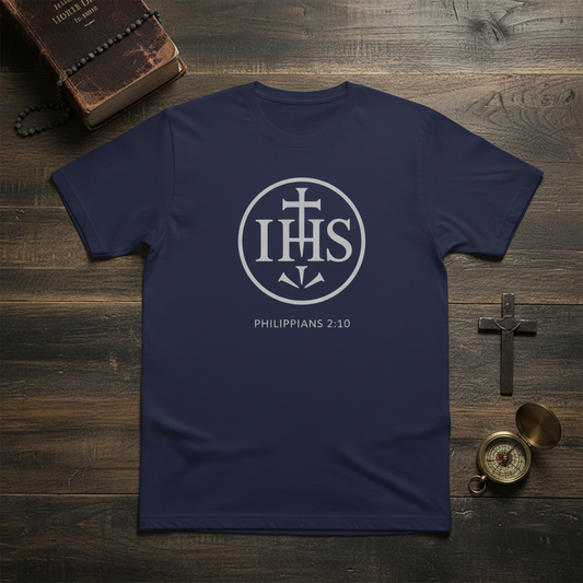IHS Philippians 2:10 Men's T-Shirt Front Styled Flat Lay