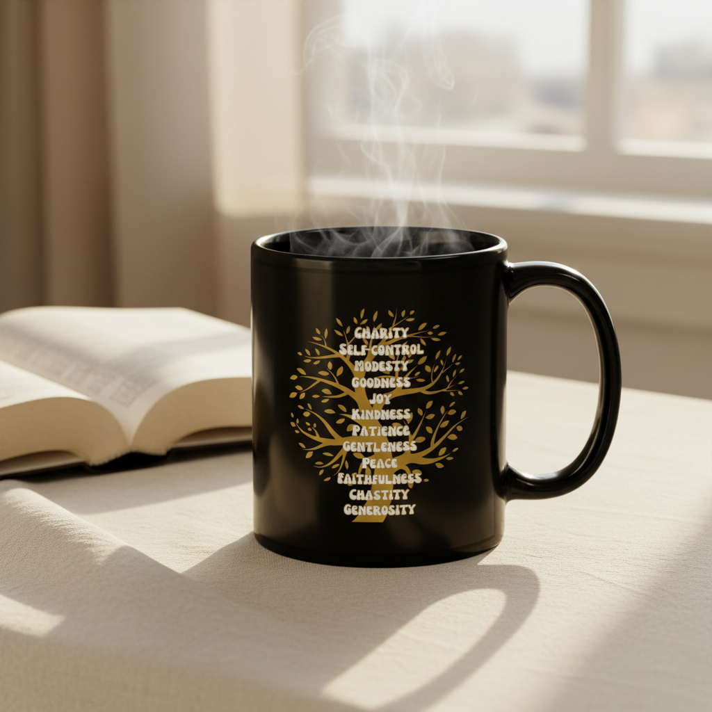 Fruits of the Spirit mug showing golden tree with all twelve fruits