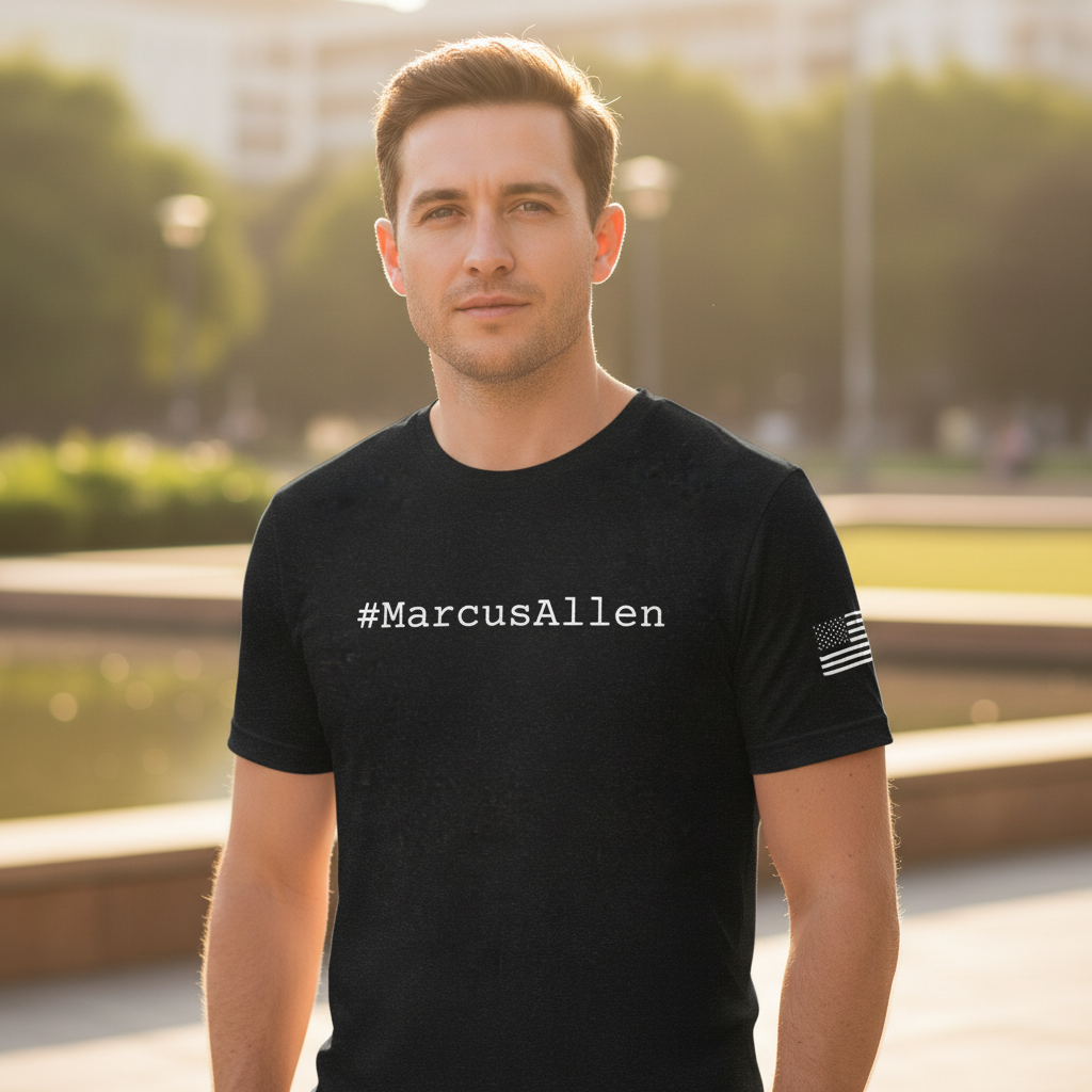 Man wearing black #MarcusAllen t-shirt with American flag sleeve