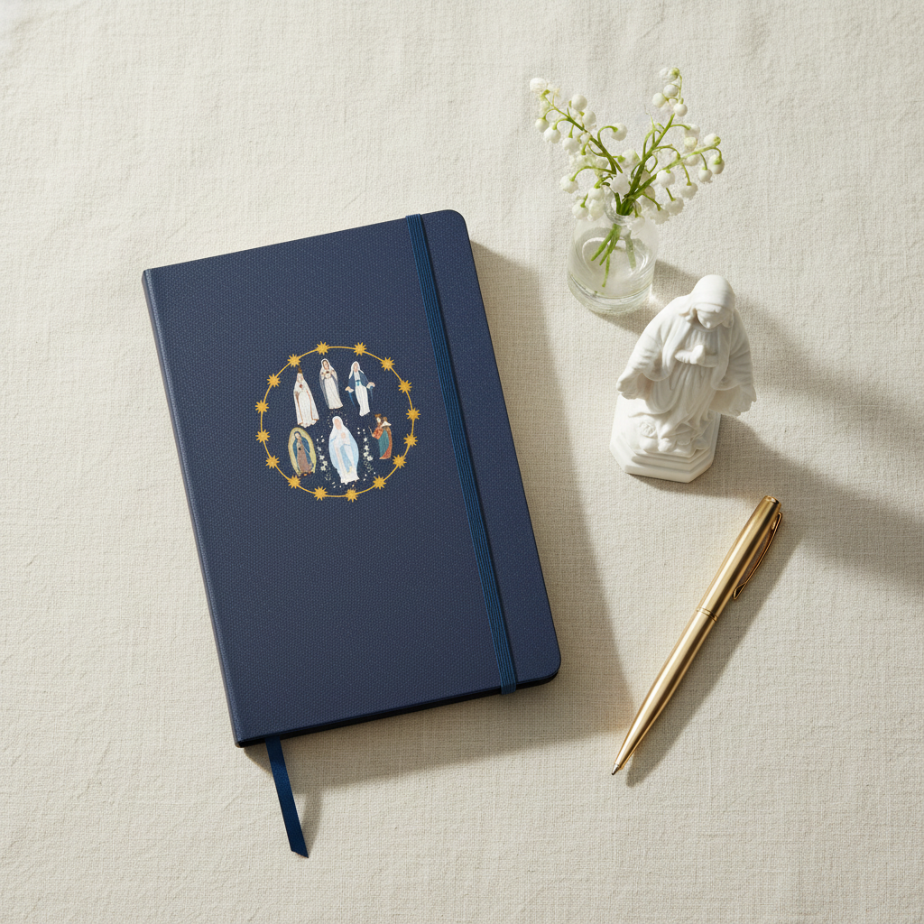 Styled flat-lay of Blessed Virgin Mary hardcover journal with Mary statue and flowers
