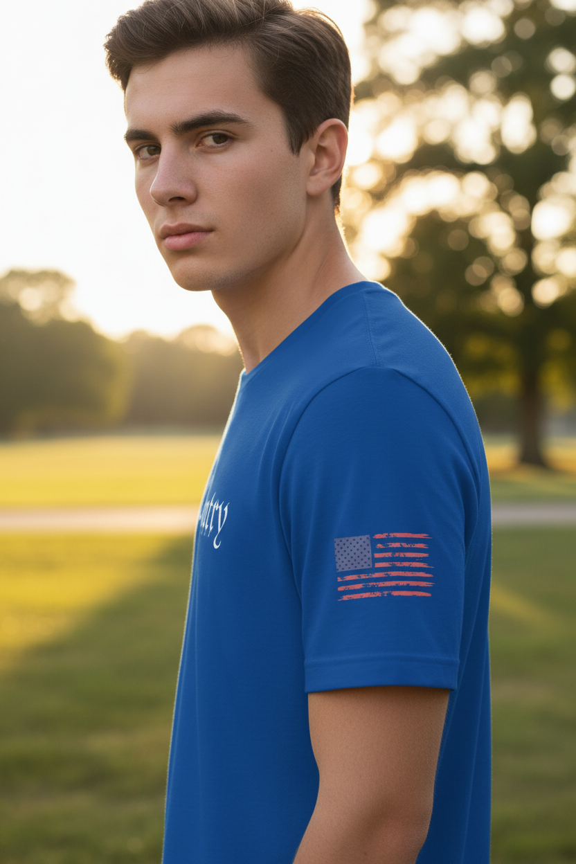 For My Country t-shirt sleeve showing distressed American flag
