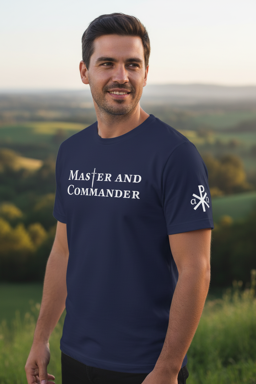 Master and Commander navy t-shirt showing front text and Chi Rho sleeve