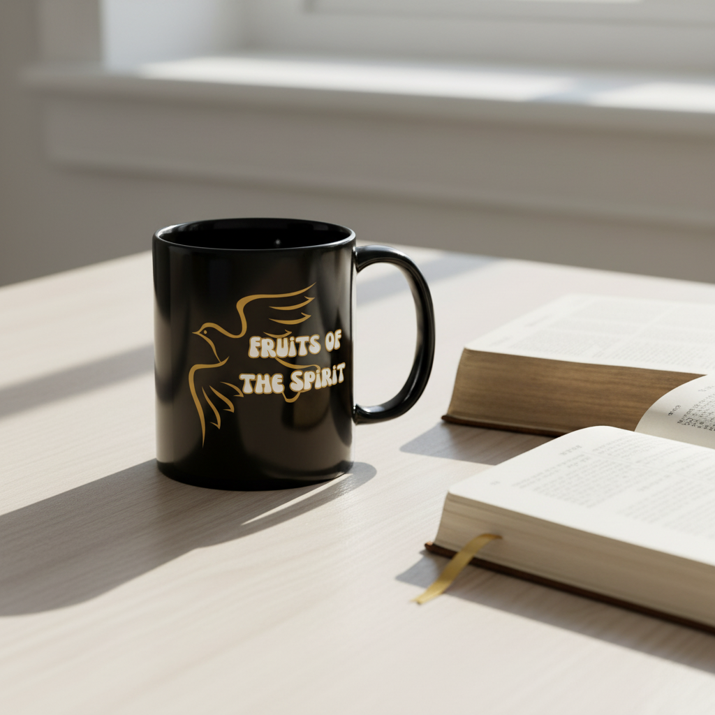 Fruits of the Spirit mug with golden dove design, Bible and journal