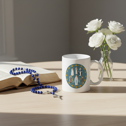 Mother Mary Catholic mug with Bible and rosary on light wood table