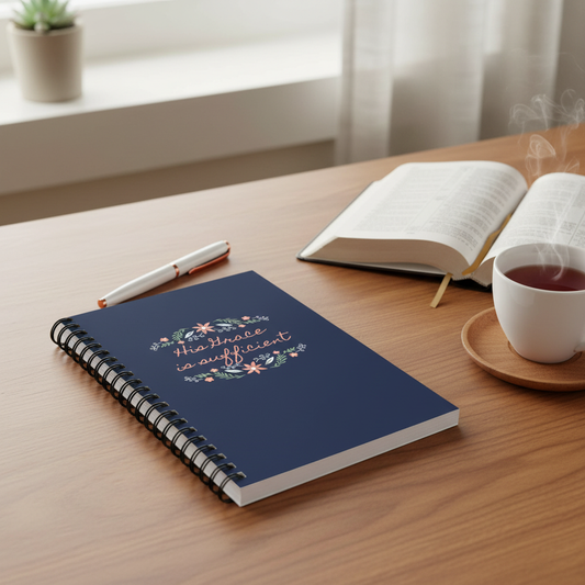 Prayer setting with His Grace is Sufficient notebook, Bible and tea