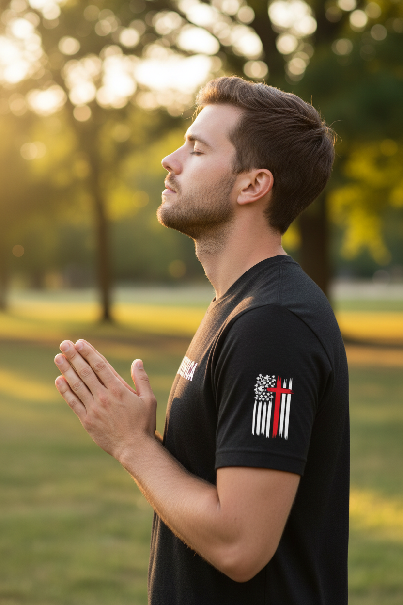 Pray For America t-shirt sleeve showing distressed American flag with red stripe