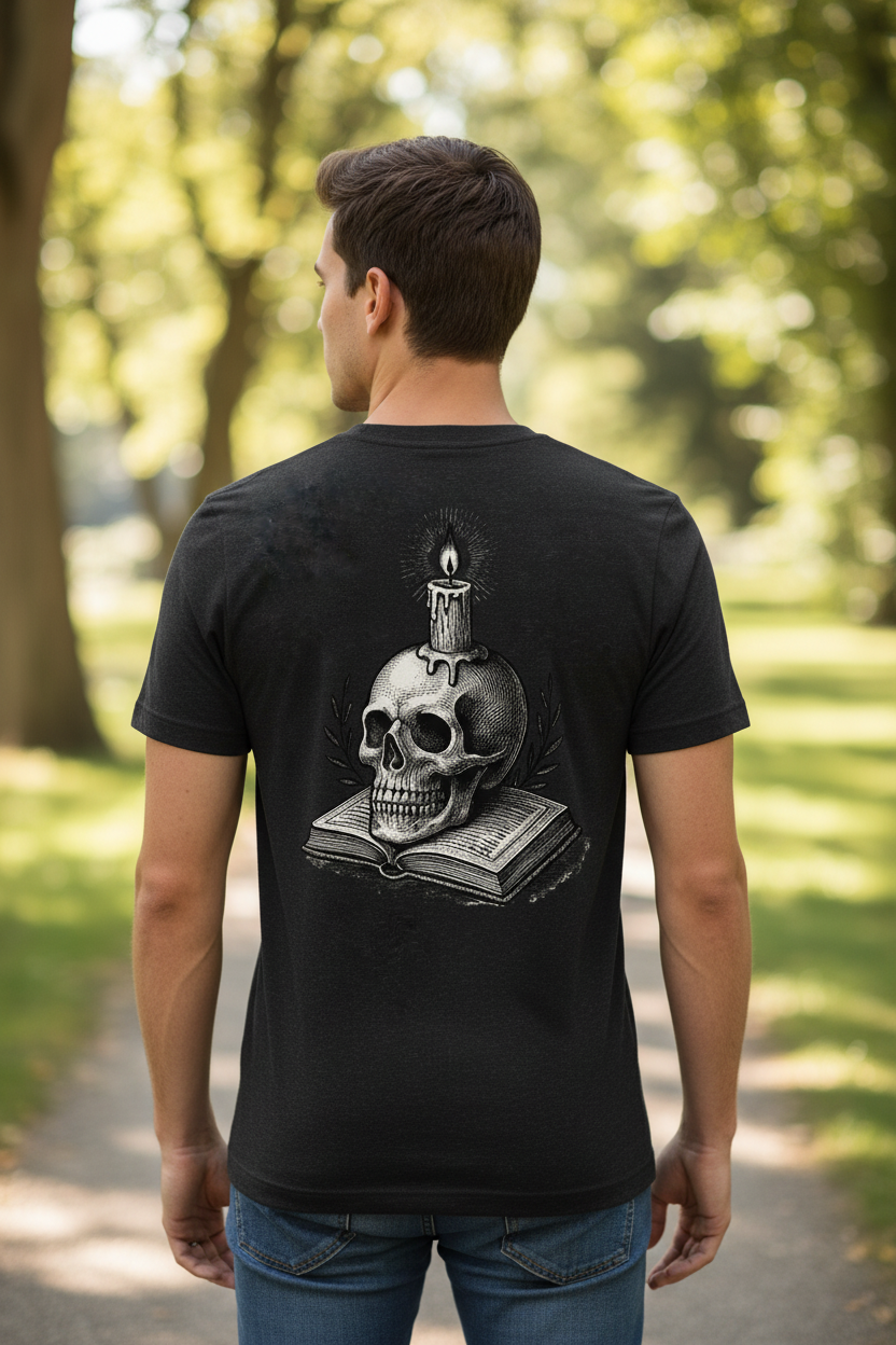 Person wearing Memento Mori t-shirt from behind showing skull candle book design