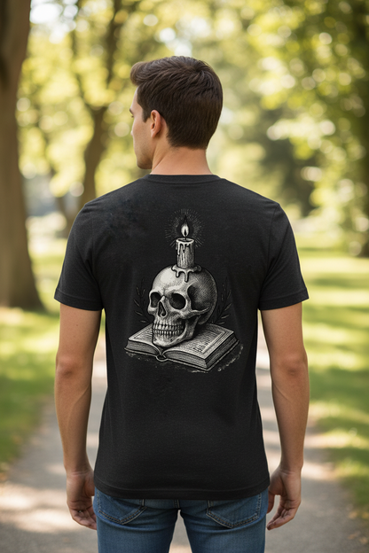 Person wearing Memento Mori t-shirt from behind showing skull candle book design