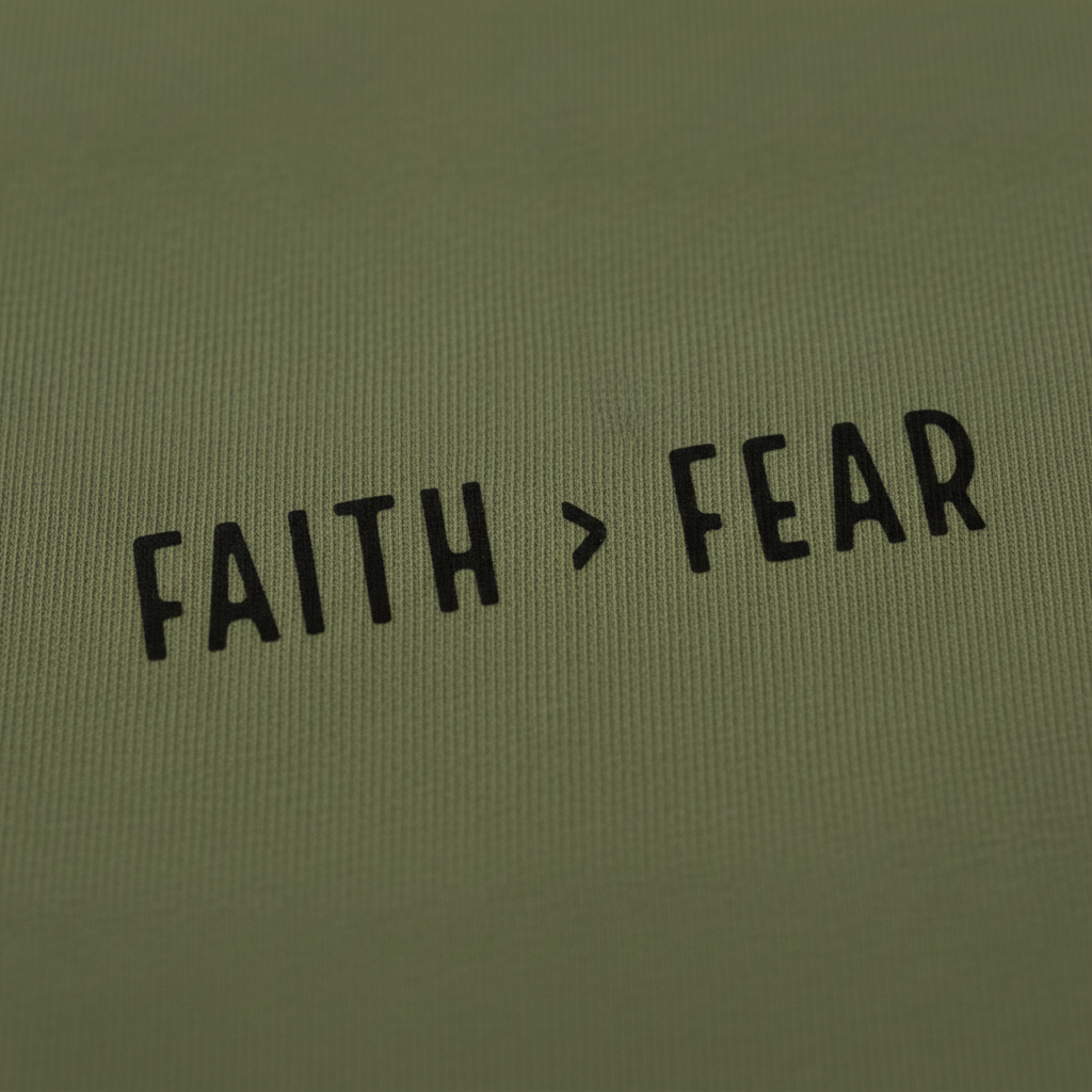 Close-up of Faith > Fear bold text and premium cotton quality