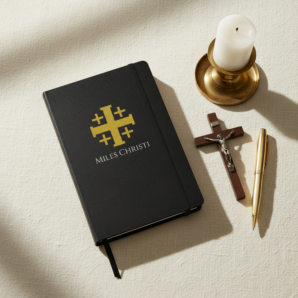 Styled flat-lay of Miles Christi journal with crucifix and candle