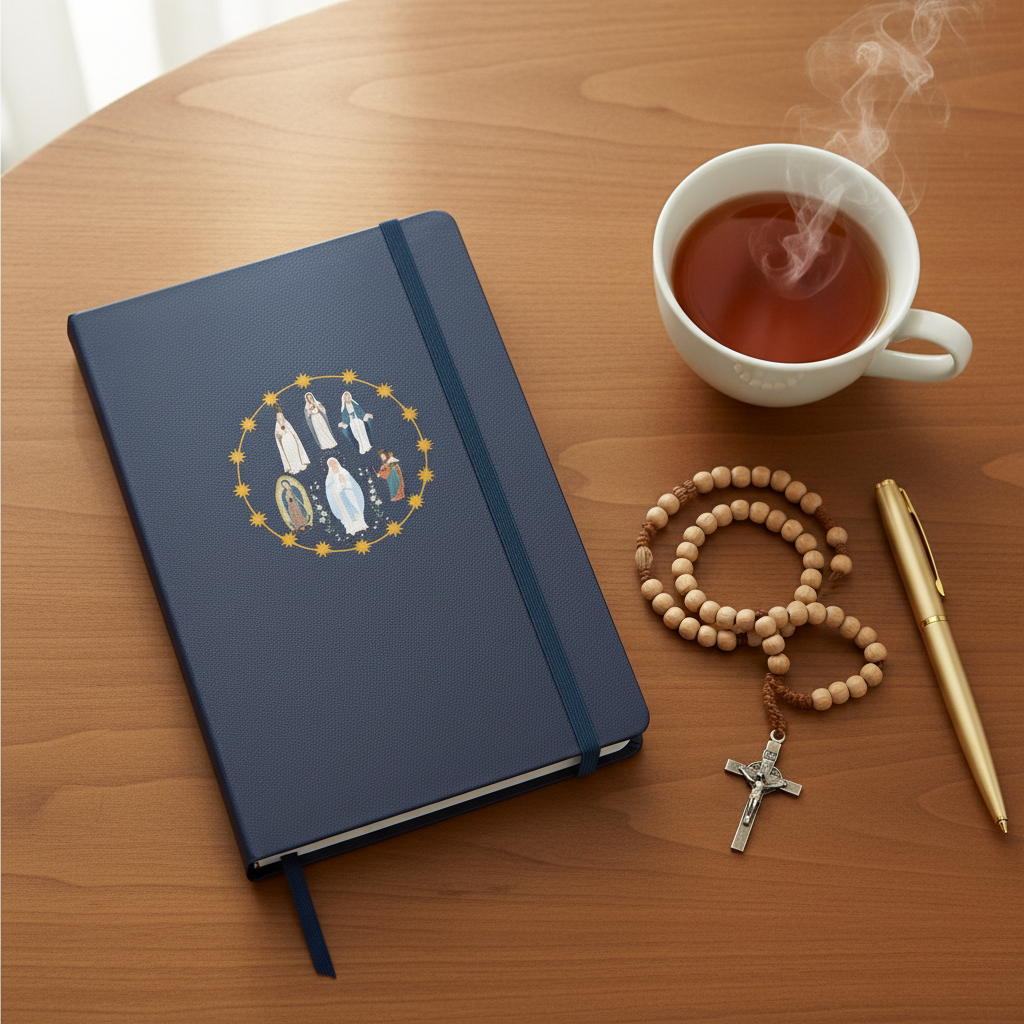 Prayer setting with Blessed Virgin Mary hardcover journal and rosary