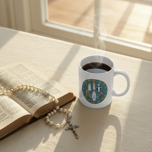 Mother Mary Catholic mug morning prayer scene with rosary and steaming coffee