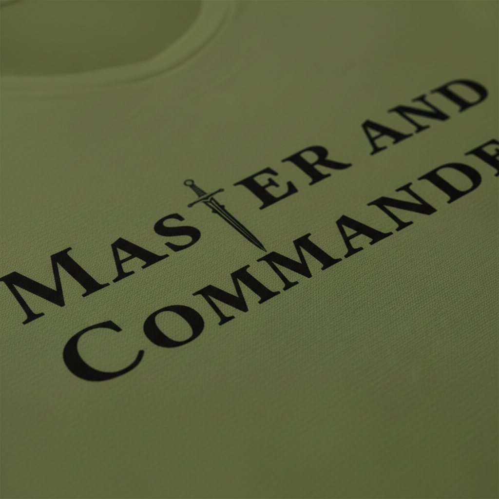 Close-up of Master and Commander typography and premium cotton quality