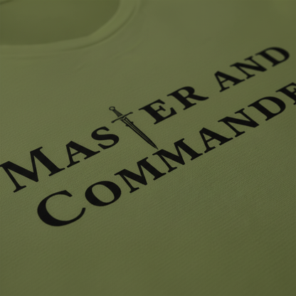 Close-up of Master and Commander typography and premium cotton quality
