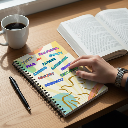 Student workspace with Fruits of the Holy Spirit notebook on desk