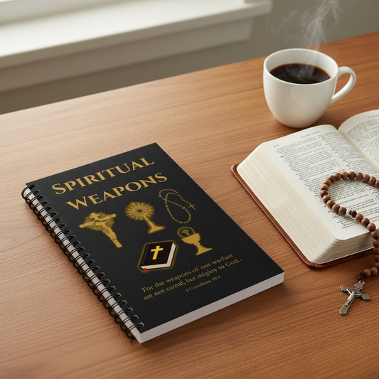 Bible study setting with Spiritual Weapons notebook and rosary