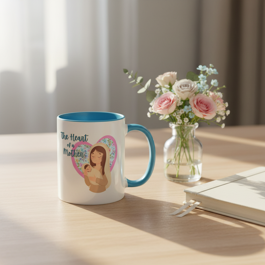 Heart of a Mother mug with flowers and journal on light wood table