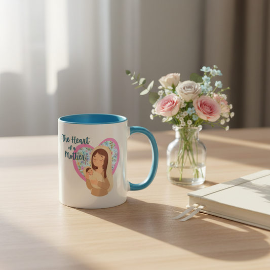 Heart of a Mother mug with flowers and journal on light wood table