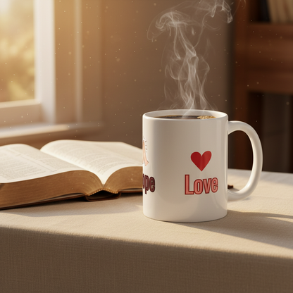 Faith Hope Love mug showing Love and Hope sides with Bible and steaming coffee
