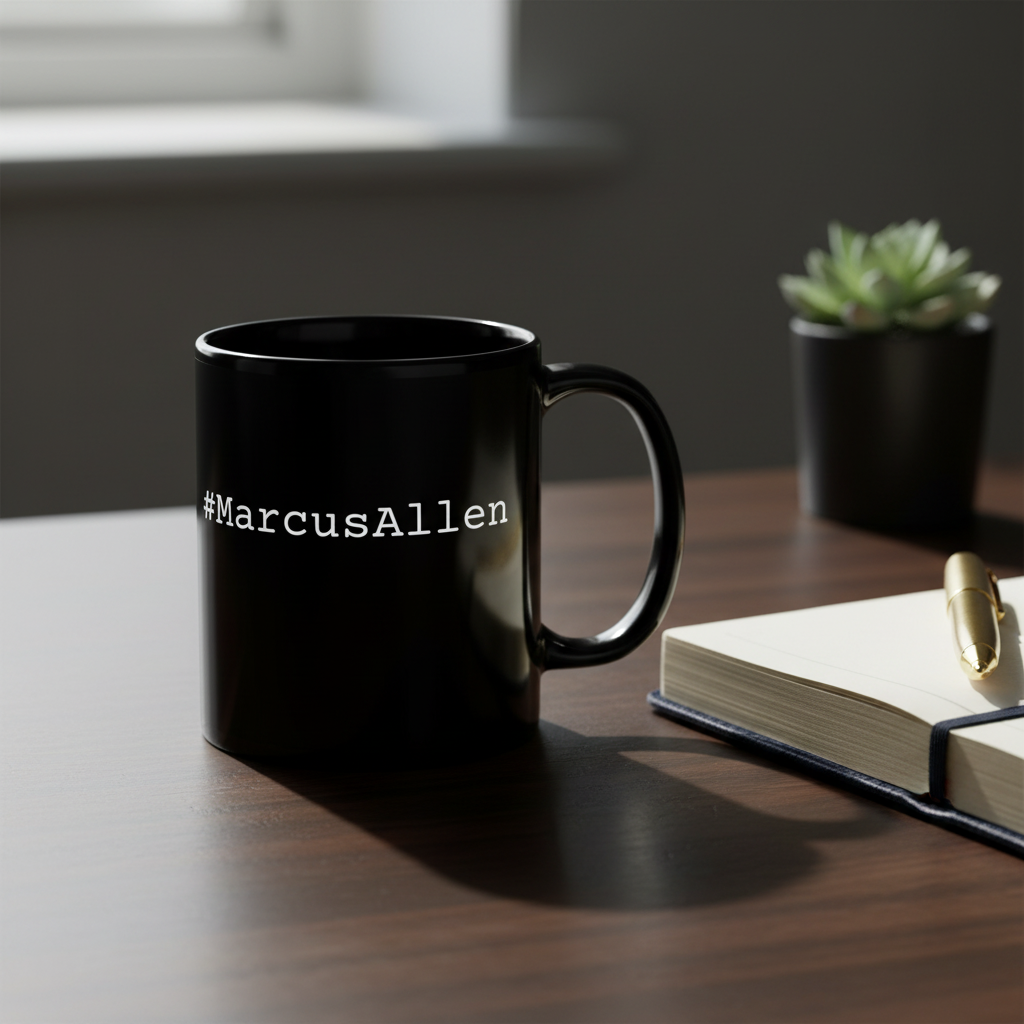 #MarcusAllen mug on masculine desk with leather journal and gold pen