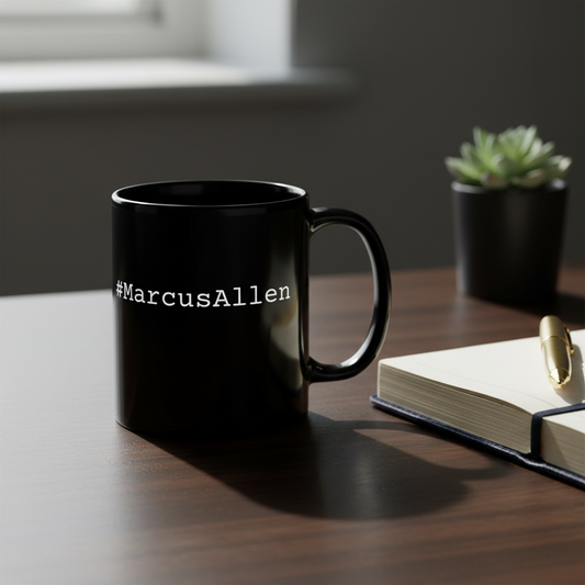 #MarcusAllen mug on masculine desk with leather journal and gold pen
