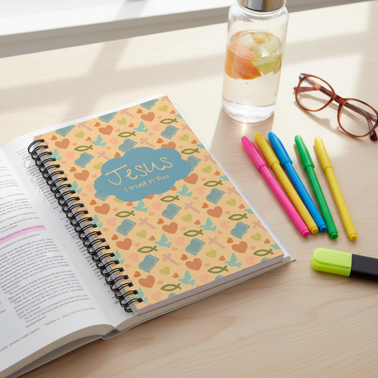 Youth study setting with Jesus I Trust in You notebook and colorful school supplies
