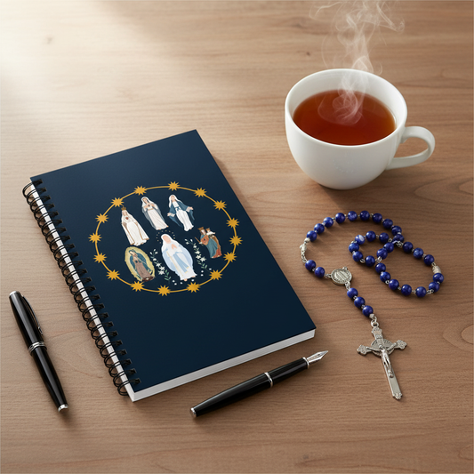 Prayer setting with Blessed Virgin Mary notebook and rosary
