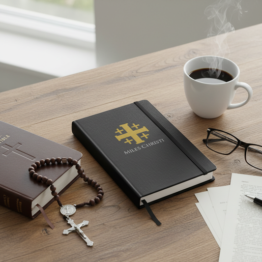 Prayer setting with Miles Christi journal, Bible and rosary