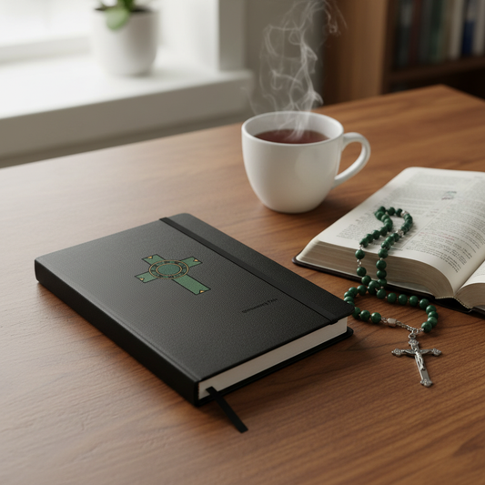 Prayer setting with St. Patrick Celtic Cross journal, Bible and rosary