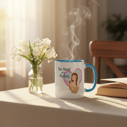 Heart of a Mother mug morning scene with steaming coffee and flowers