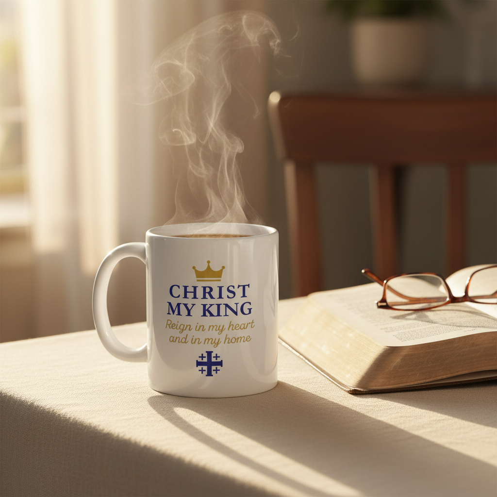 Christ My King mug morning devotional scene with steaming coffee