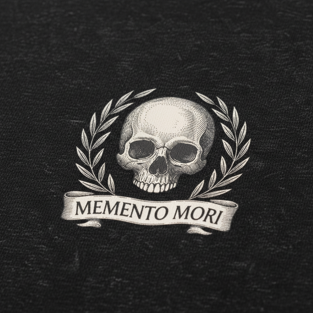 Close-up of Memento Mori t-shirt emblem and cotton quality