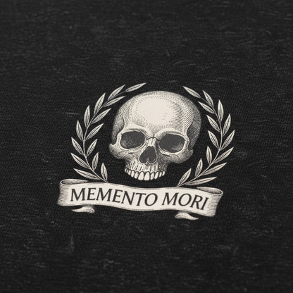 Close-up of Memento Mori t-shirt emblem and cotton quality