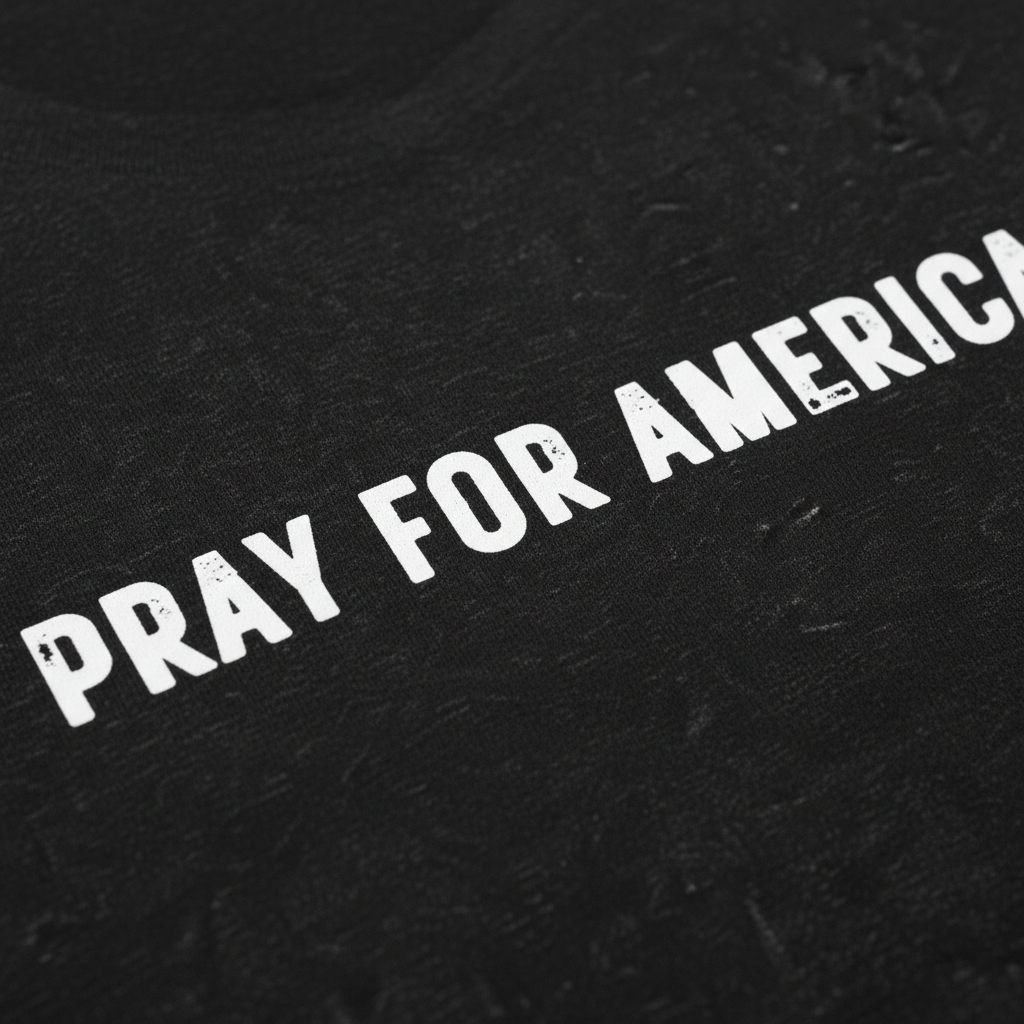 Close-up of Pray For America bold text and premium cotton quality