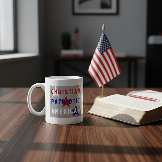 Christian Patriotic American mug with Bible and American flag on dark wood desk